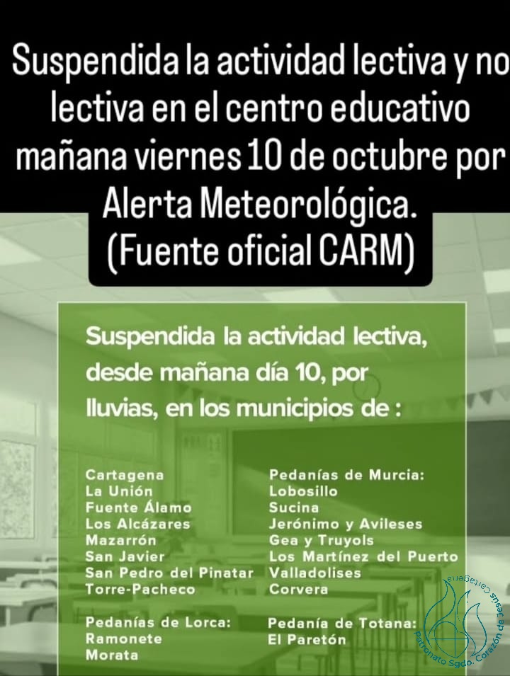Suspendida actividad lectiva viernes 10 de octubre